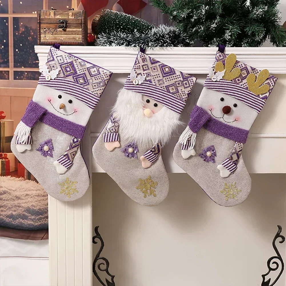 Purple Christmas Socks Santa Claus Pattern Decorative Stockings For Holiday Home And Store Decoration Large 45cm - Image 5