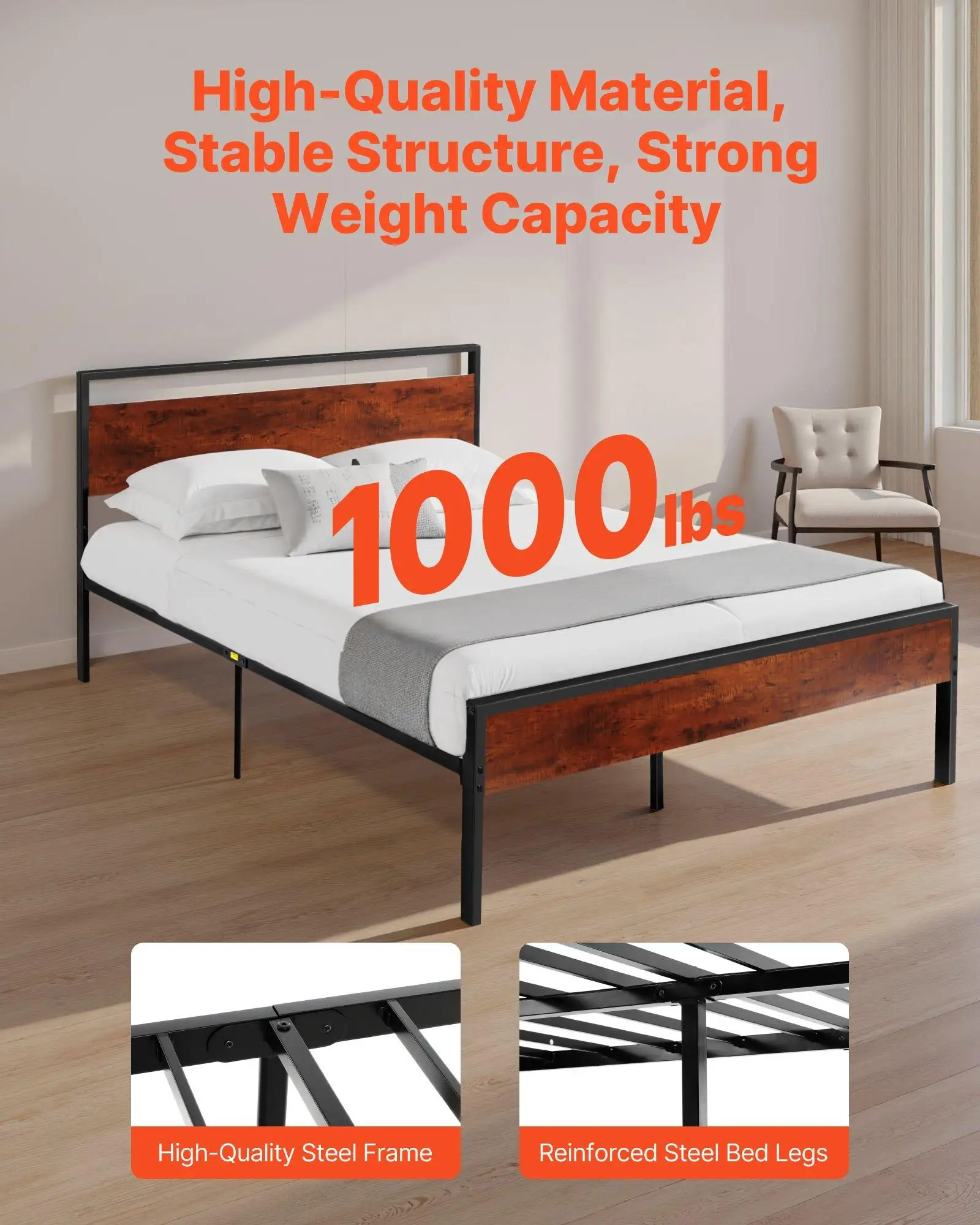 Queen Size Metal Platform Bed Frame 14in Black with Retro Brown Wooden Headboard - Image 2