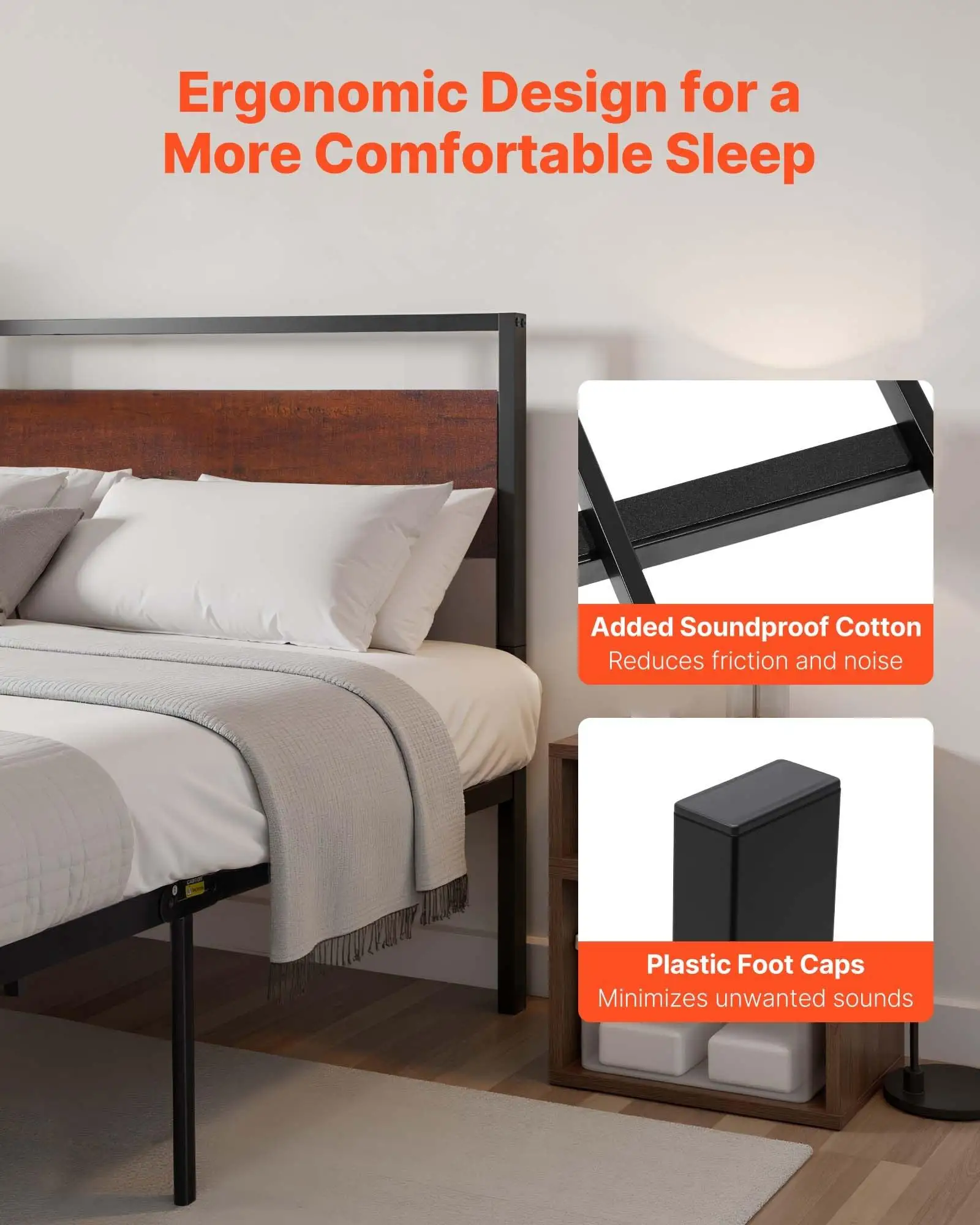 Queen Size Metal Platform Bed Frame 14in Black with Retro Brown Wooden Headboard - Image 4