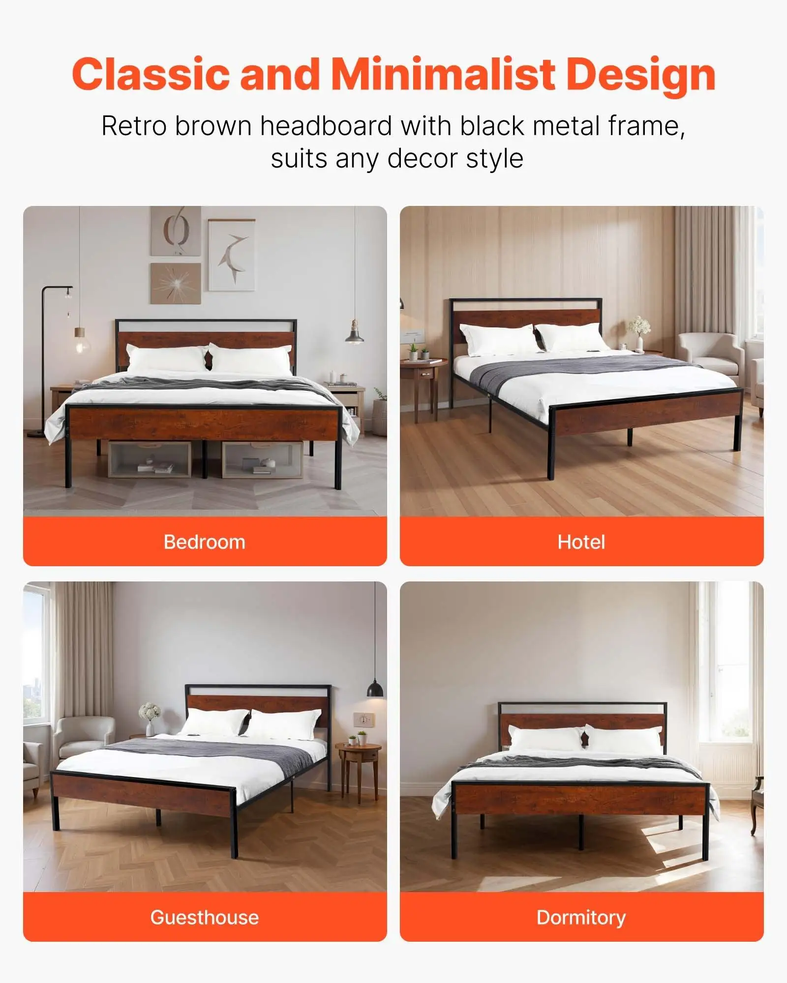 Queen Size Metal Platform Bed Frame 14in Black with Retro Brown Wooden Headboard - Image 3