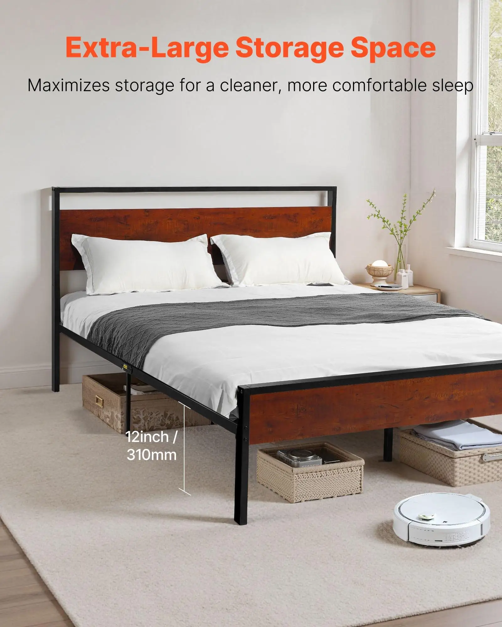 Queen Size Metal Platform Bed Frame 14in Black with Retro Brown Wooden Headboard - Image 5
