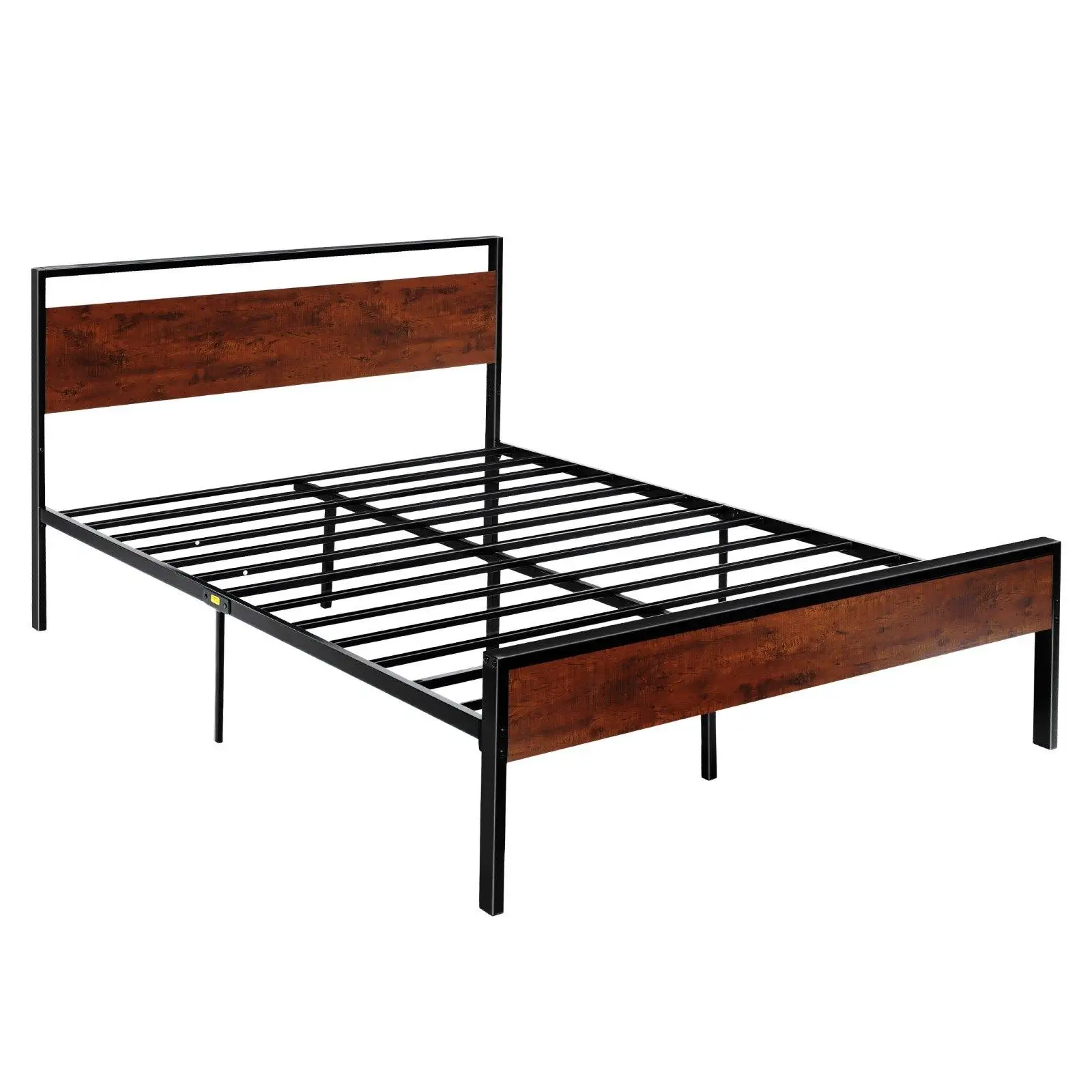 Queen Size Metal Platform Bed Frame 14in Black with Retro Brown Wooden Headboard