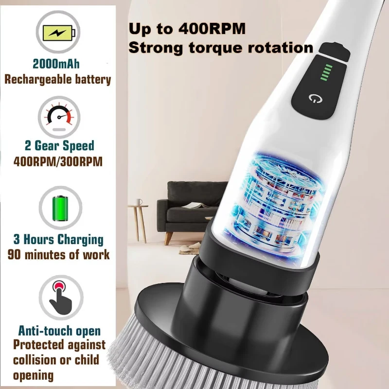 Rechargeable Cordless Electric Spin Scrubber Brush Multipurpose for Bathroom Kitchen Toilet Cleaning Hair - Image 3