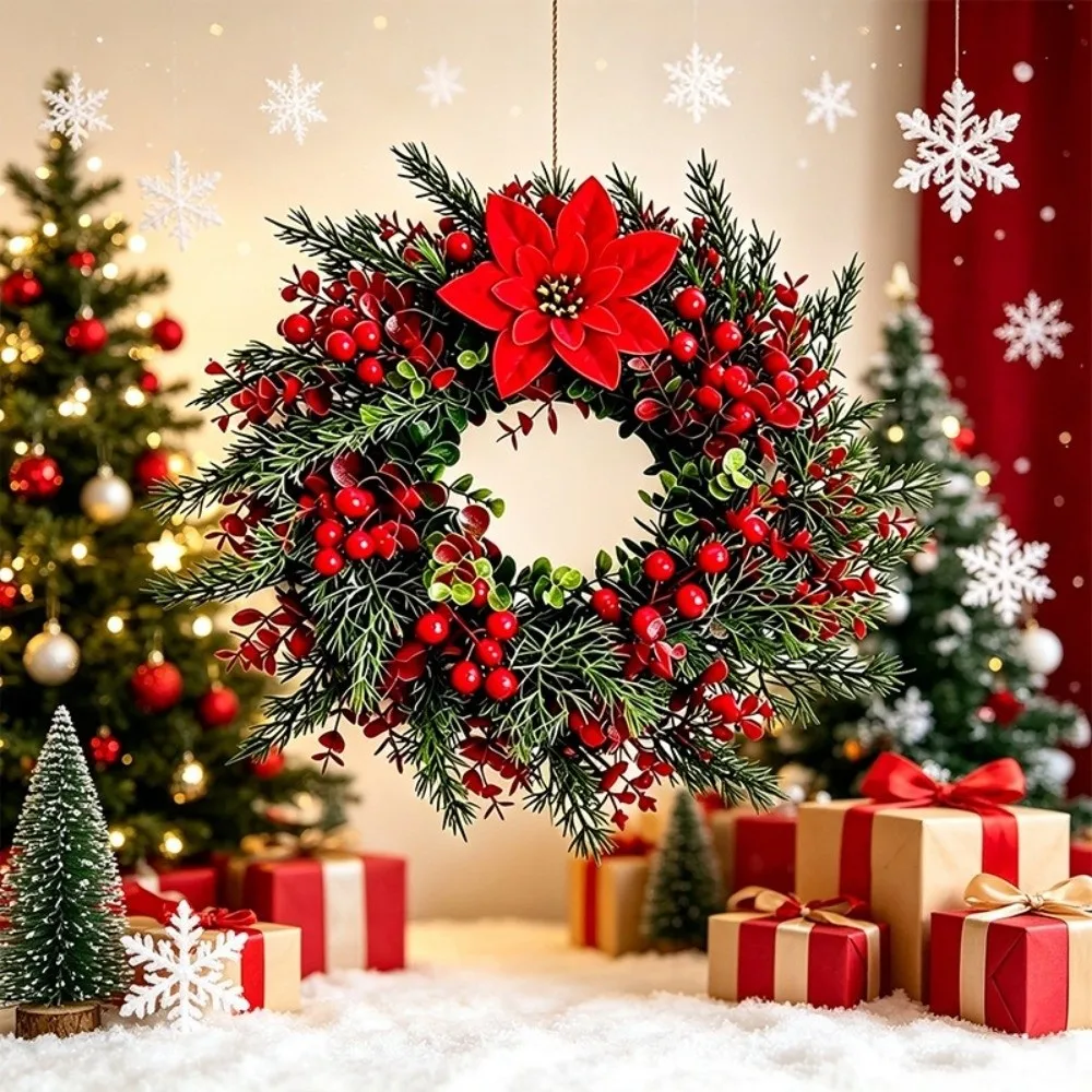 Red Berries Pine Poinsettia Christmas Wreath Realistic Eucalyptus Leaf Artificial Berries Pine Wreath Rustic Long Lasting - Image 2