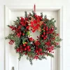 Red Berries Pine Poinsettia Christmas Wreath Realistic Eucalyptus Leaf Artificial Berries Pine Wreath Rustic Long Lasting