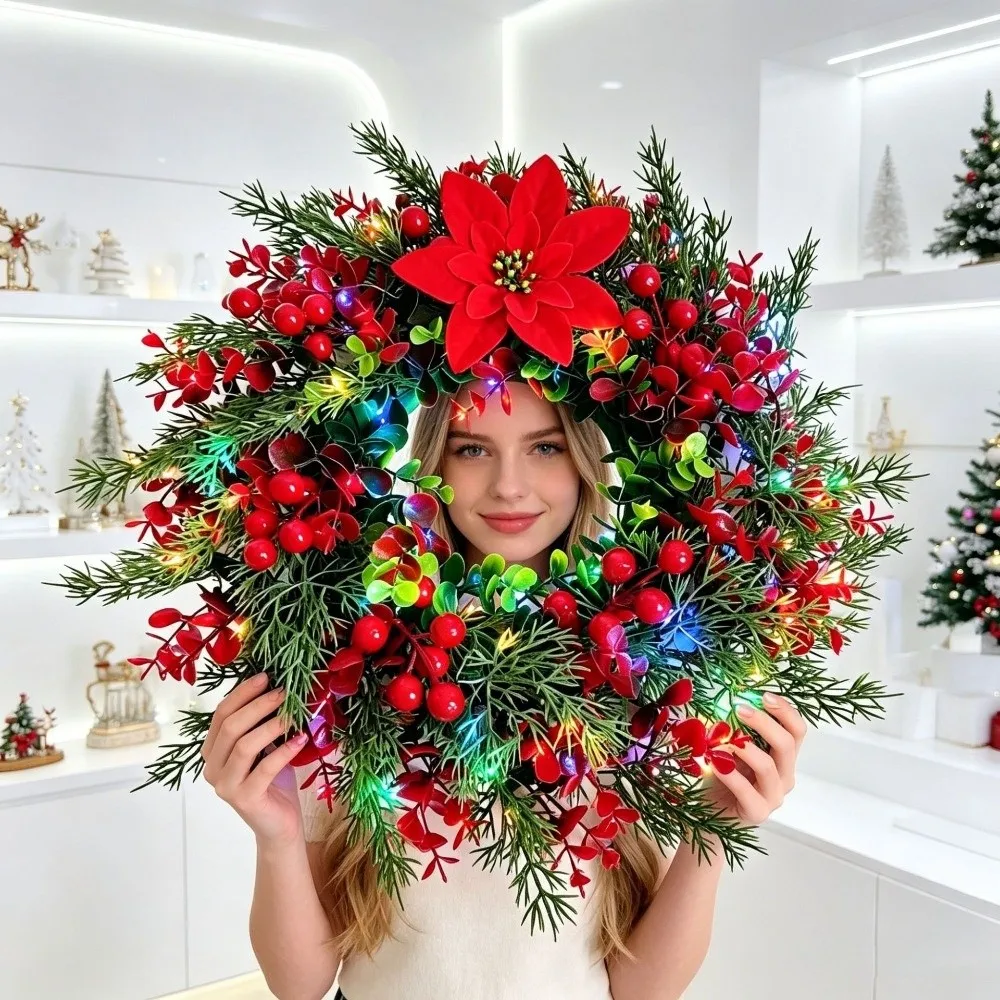 Red Berries Pine Poinsettia Christmas Wreath Realistic Eucalyptus Leaf Artificial Berries Pine Wreath Rustic Long Lasting - Image 3