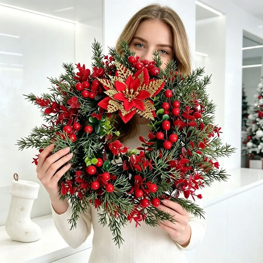 Red Berries Pine Poinsettia Christmas Wreath Realistic Eucalyptus Leaf Artificial Berries Pine Wreath Rustic Long Lasting - Image 5