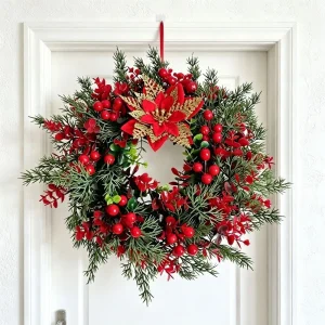 Red Berries Pine Poinsettia Christmas Wreath Realistic Eucalyptus Leaf Artificial Berries Pine Wreath Rustic Long Lasting