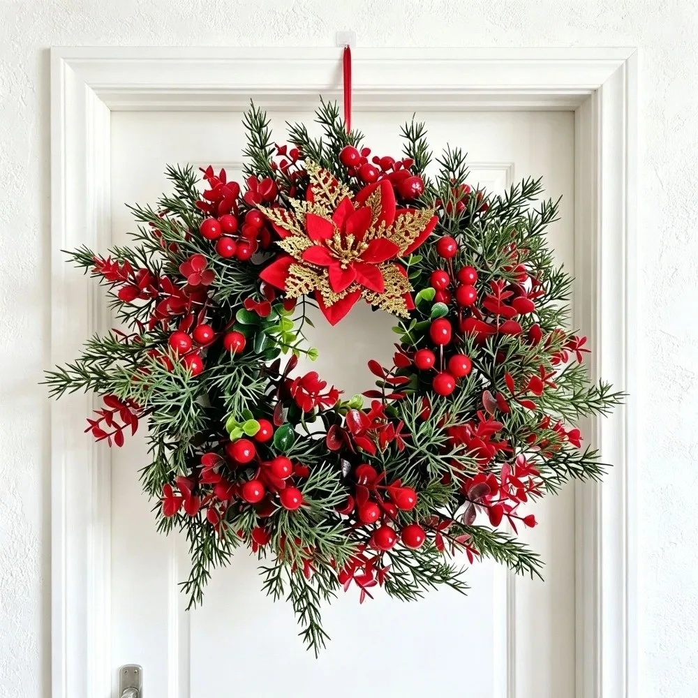 Red Berries Pine Poinsettia Christmas Wreath Realistic Eucalyptus Leaf Artificial Berries Pine Wreath Rustic Long Lasting