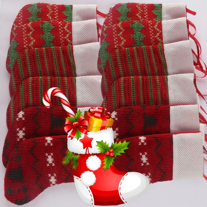 Red Christmas Gifts Stocking Reusable Stripes Hanging Snow Pattern Knitting Ornament Socks Xmas Tree Pendant Gift Holders - Image 2