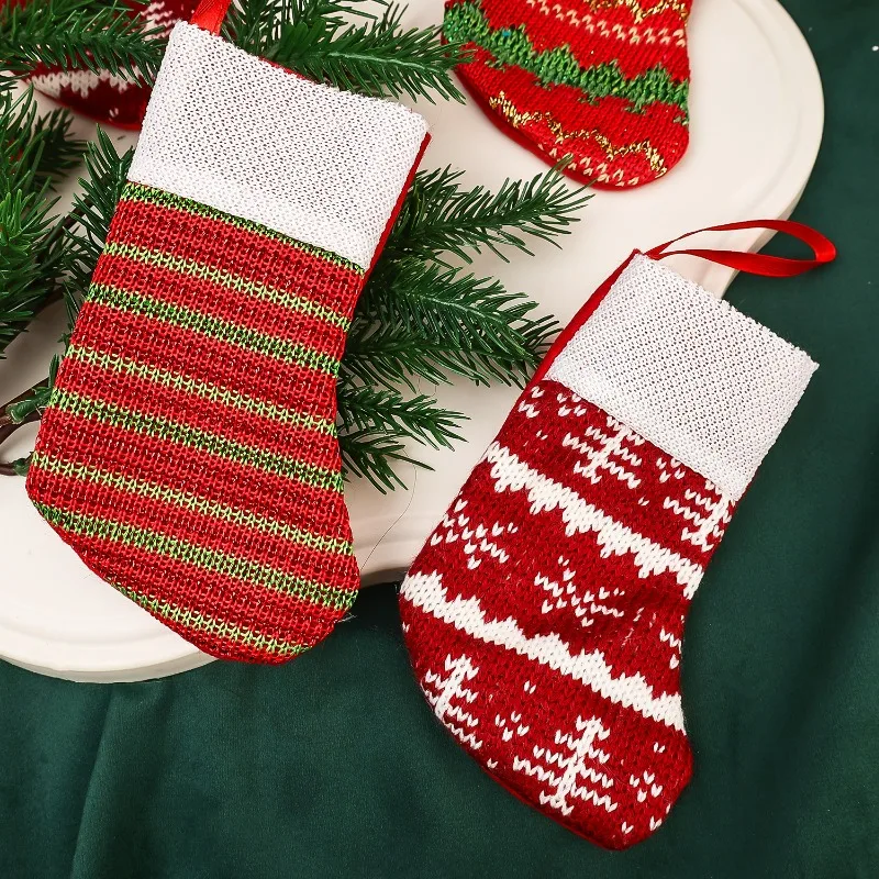 Red Christmas Gifts Stocking Reusable Stripes Hanging Snow Pattern Knitting Ornament Socks Xmas Tree Pendant Gift Holders - Image 4