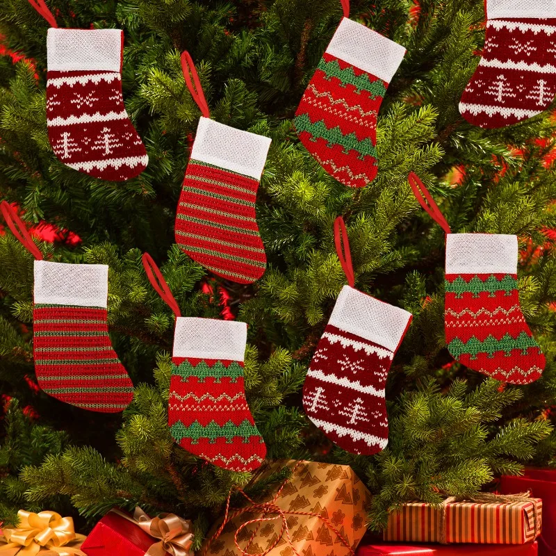 Red Christmas Gifts Stocking Reusable Stripes Hanging Snow Pattern Knitting Ornament Socks Xmas Tree Pendant Gift Holders - Image 6