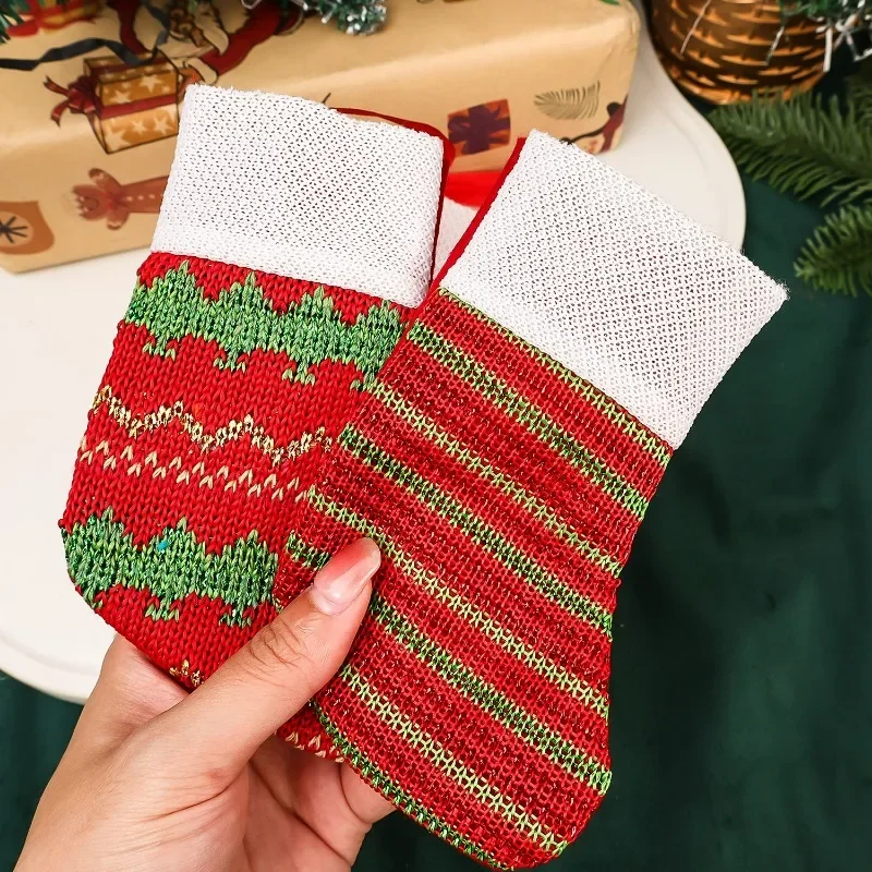 Red Christmas Gifts Stocking Reusable Stripes Hanging Snow Pattern Knitting Ornament Socks Xmas Tree Pendant Gift Holders - Image 3