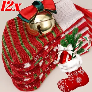 Red Christmas Gifts Stocking Reusable Stripes Hanging Snow Pattern Knitting Ornament Socks Xmas Tree Pendant Gift Holders