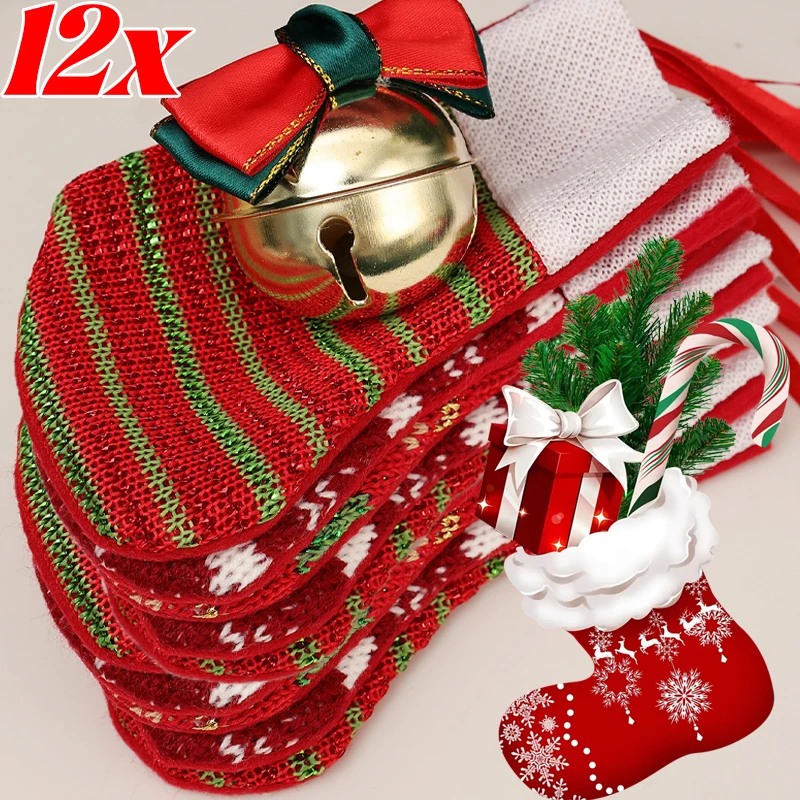 Red Christmas Gifts Stocking Reusable Stripes Hanging Snow Pattern Knitting Ornament Socks Xmas Tree Pendant Gift Holders