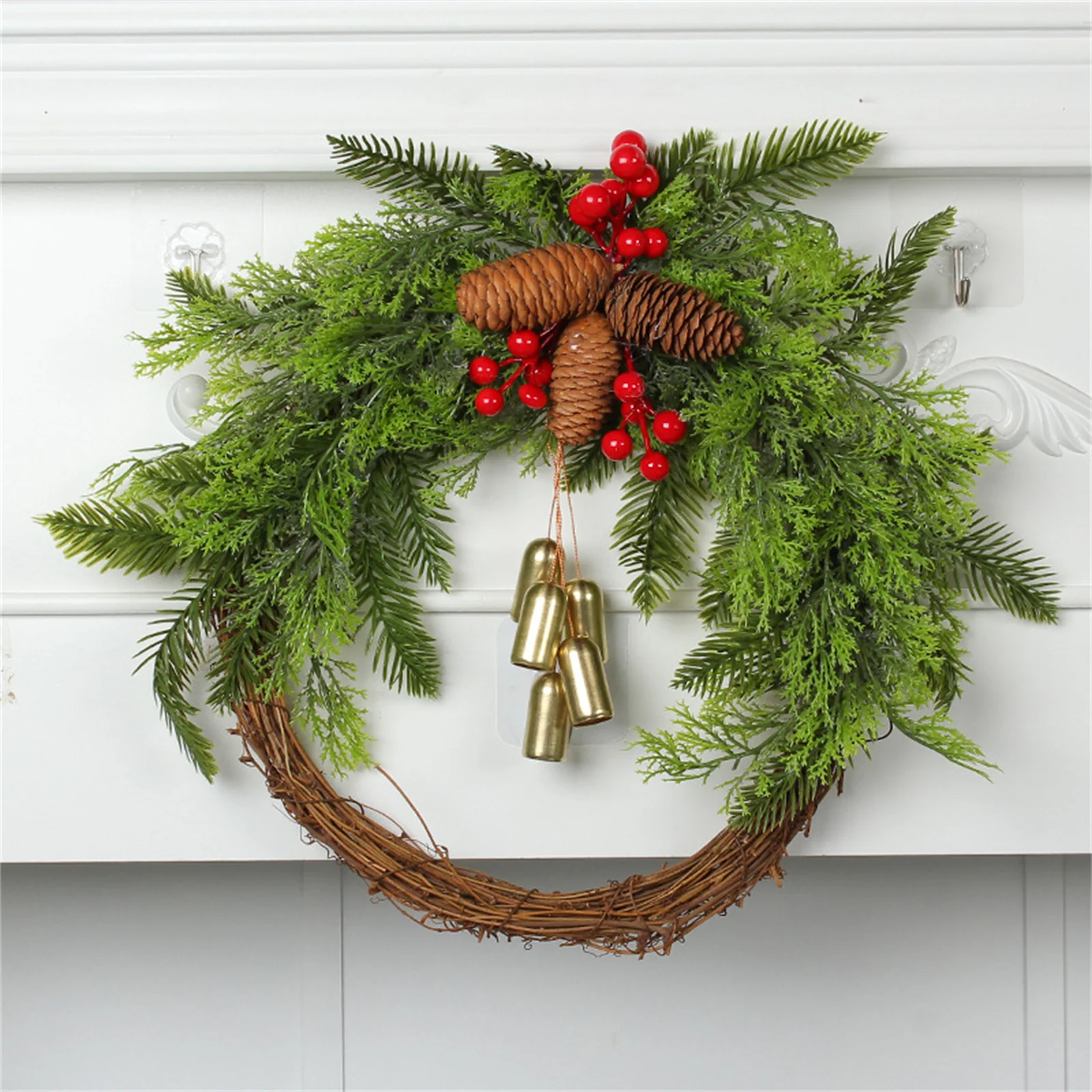 Rustic Christmas Wreath Artificial Golden Bell Wreath Xmas Tree Hanging Garland Handmade Pinecones Wreath Holiday Decor - Image 5