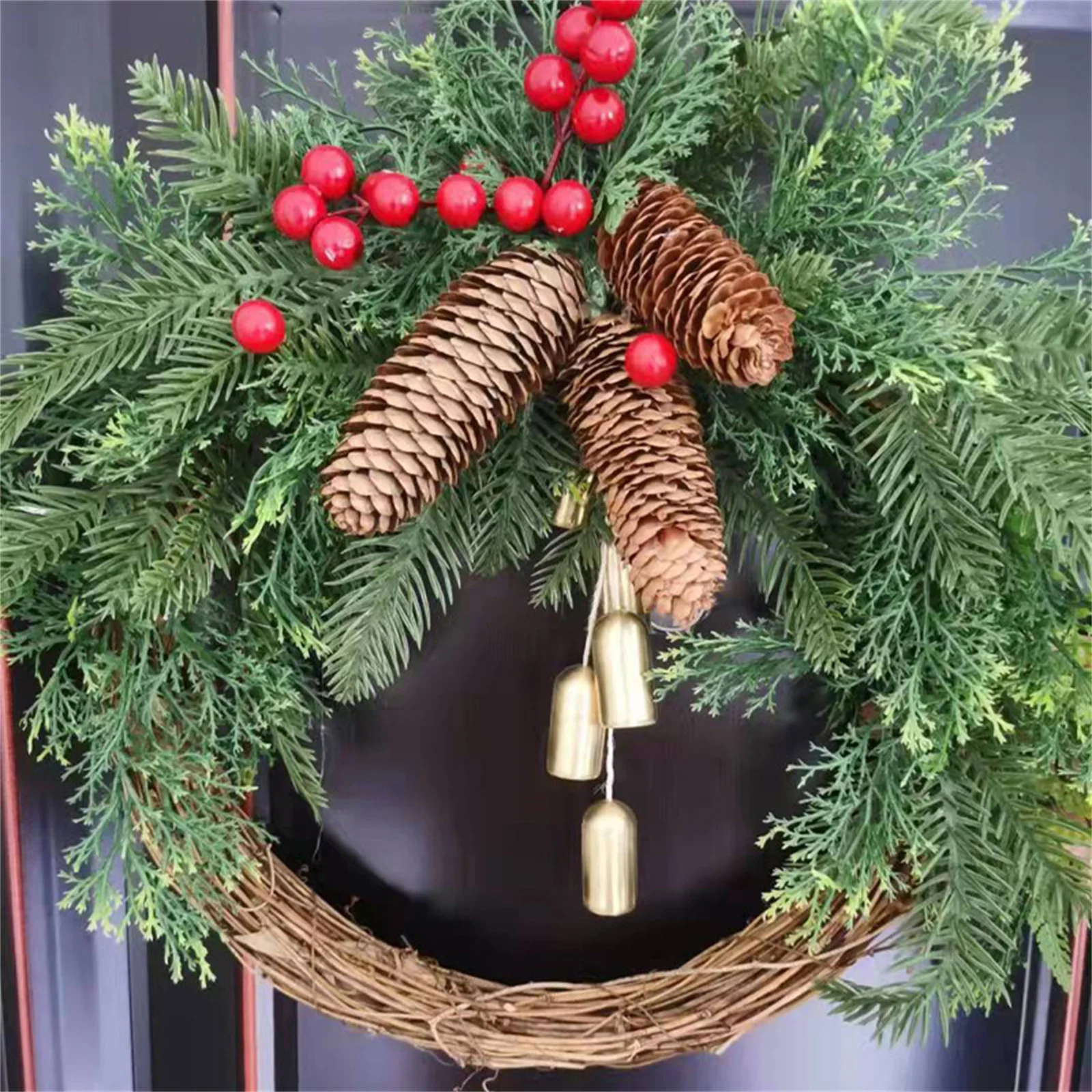 Rustic Christmas Wreath Artificial Golden Bell Wreath Xmas Tree Hanging Garland Handmade Pinecones Wreath Holiday Decor - Image 4
