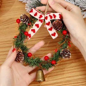 Rustic Round Artificial Christmas Wreath with Pine Needles, Pine Cone, Bowknot & Bell Pendant, Xmas Bells Ornaments Wreath