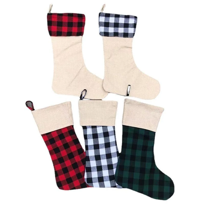SCCFMM 10Pcs Christmas Stocking Ornaments Cotton Linen Xmas Socks Candy Gift Bags Decorations Blank for Custom Logo Image