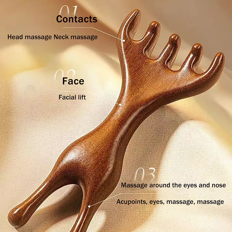 Sandalwood Scalp Massager Sandalwood Deer Antlers Wide Tooth Comb Meridians Dredging Scalp Facial Massage Comb Gua Sha Comb - Image 3