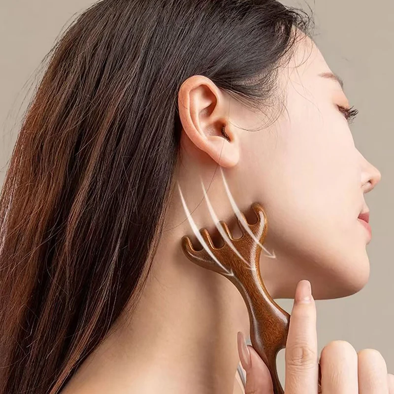 Sandalwood Scalp Massager Sandalwood Deer Antlers Wide Tooth Comb Meridians Dredging Scalp Facial Massage Comb Gua Sha Comb - Image 4