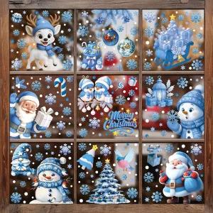Santa Claus Stickers Blue Snowman Window Decorations Glass Static Stickers Christmas Decorations Snowflake Window Stickers