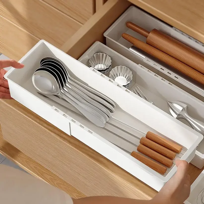 Scalable Storage Box with Partitioned Drawers, Rectangular Shape, Built-in Kitchen Utensils, Desktop Cosmetics - Image 5