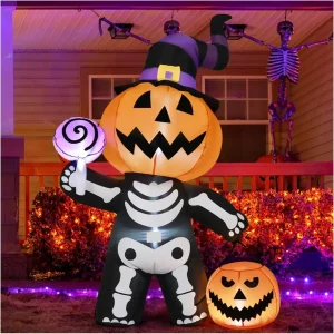 Scary 6FT Halloween Inflatable Pumpkin Skull Body Outdoor Decorations Blow Up Yard Pumpkin for Garden Lawn Party Decor