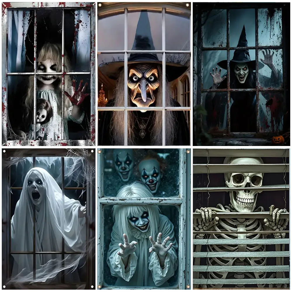 Scary Halloween Curtain Window Banner Horror Hanging Cloth Family Party Decoration Witch Zombie Ghosts Super Terrifying Backdrop