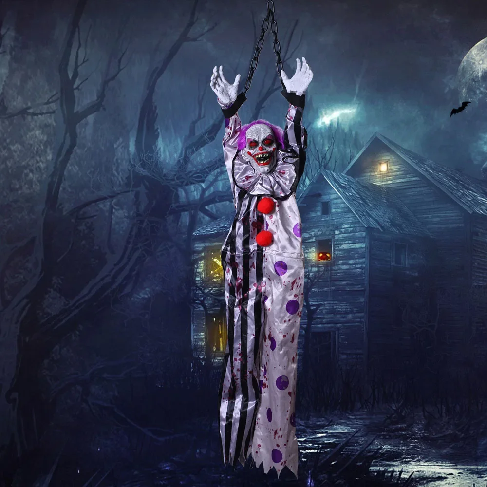 Shaking Joker Halloween Scary Hanging Scary Clown with Chain,Sound & Touch Activated for Halloween Decor Prop Indoor/Outdoor - Image 2