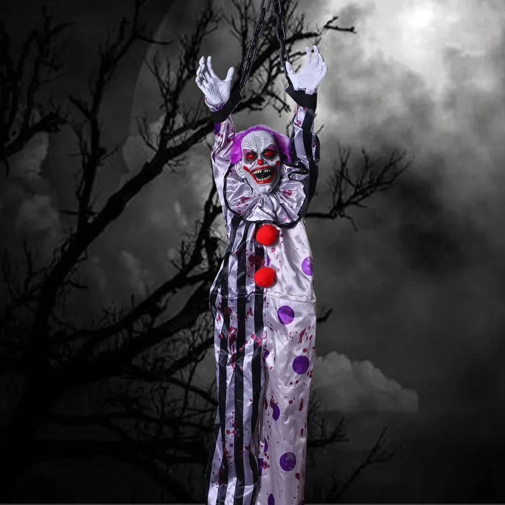 Shaking Joker Halloween Scary Hanging Scary Clown with Chain,Sound & Touch Activated for Halloween Decor Prop Indoor/Outdoor - Image 3