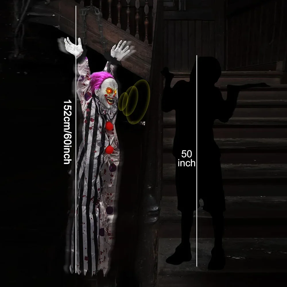 Shaking Joker Halloween Scary Hanging Scary Clown with Chain,Sound & Touch Activated for Halloween Decor Prop Indoor/Outdoor - Image 4