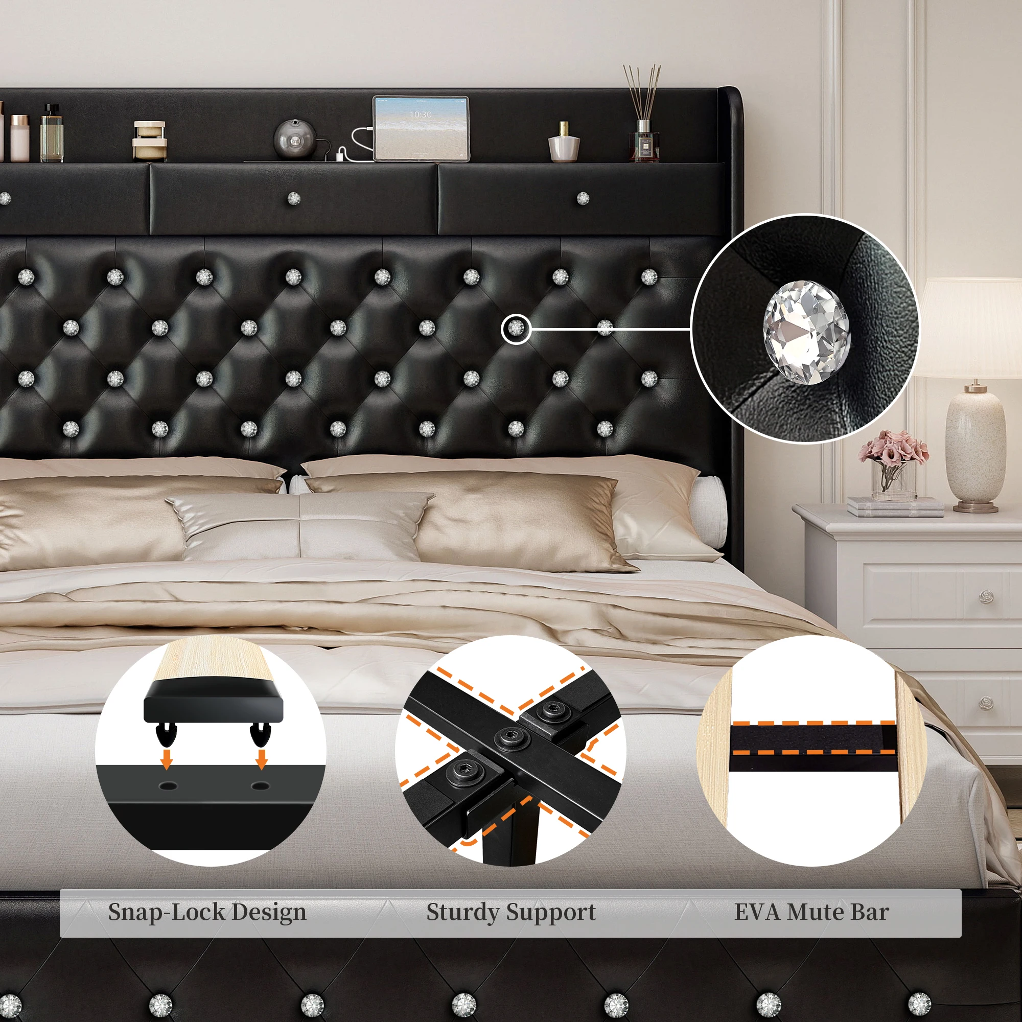 Sibeds 4ft6 Double Bed Frame with 2 Drawers, King-Size Bed Frame with Galaxy Aurora Star Projector and Charging Station and Wooden Slats, No Box Spring Required, Easy-to-Assemble Bedroom Furniture - Image 8