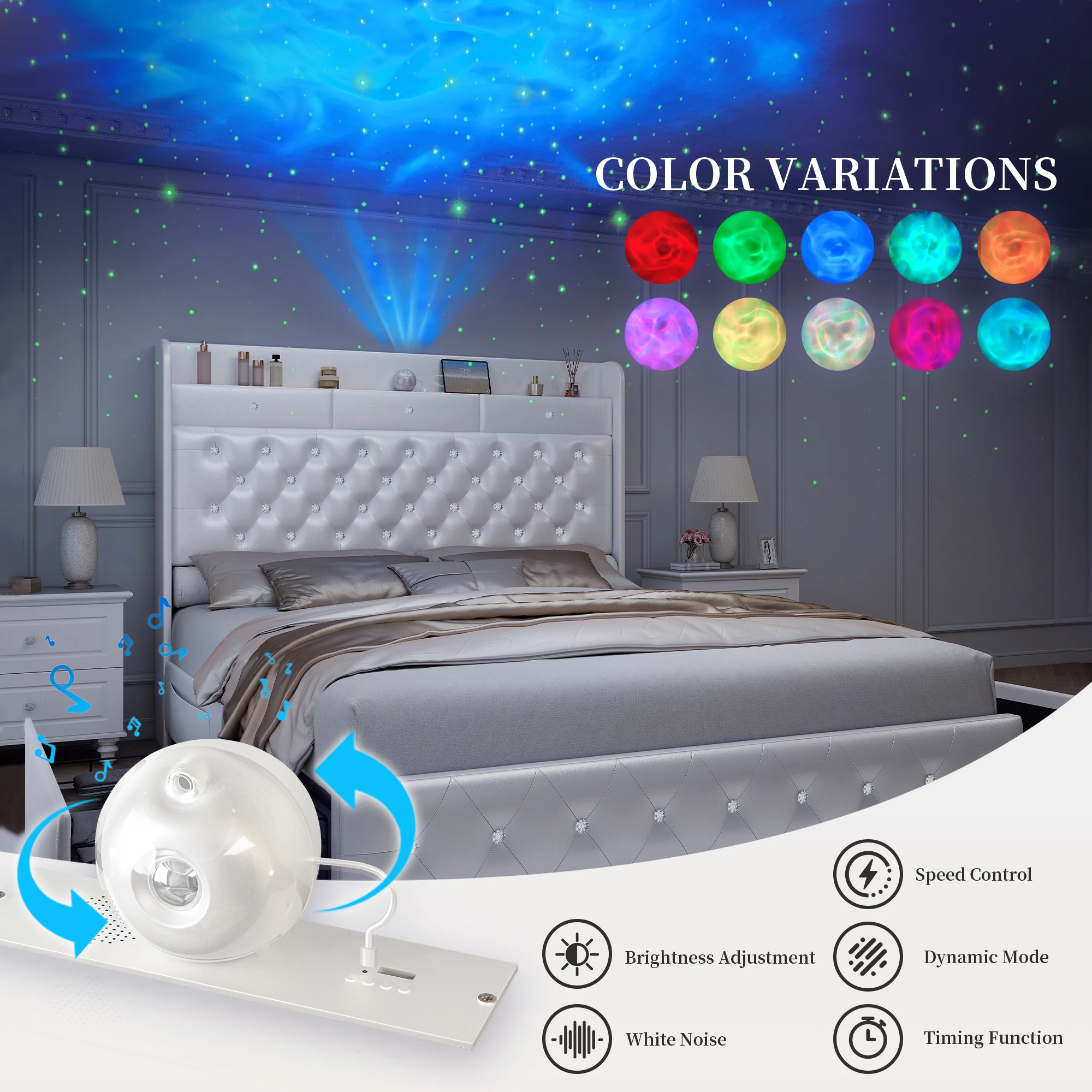 Sibeds 4ft6 Double Bed Frame with 2 Drawers, King-Size Bed Frame with Galaxy Aurora Star Projector and Charging Station and Wooden Slats, No Box Spring Required, Easy-to-Assemble Bedroom Furniture - Image 3