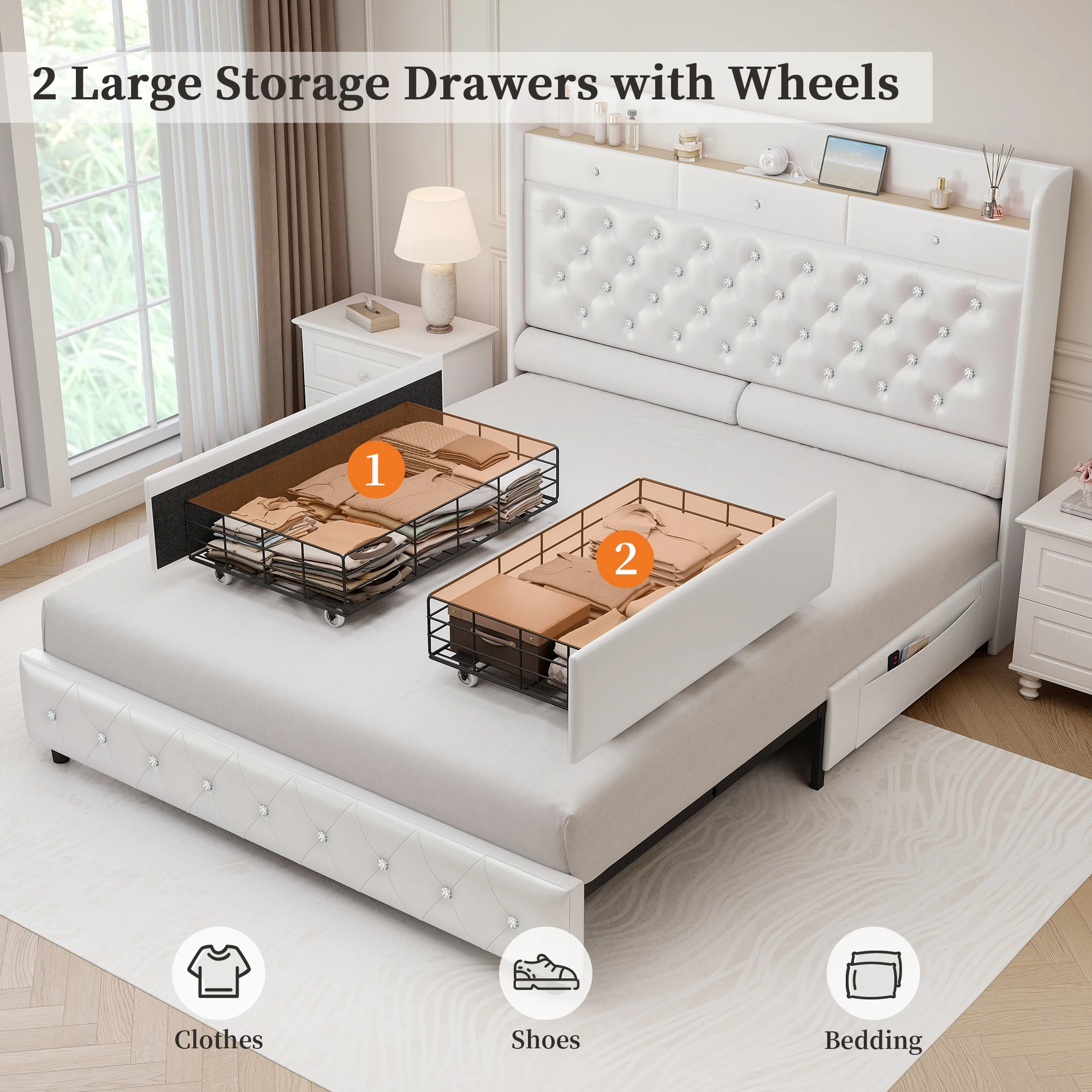 Sibeds 4ft6 Double Bed Frame with 2 Drawers, King-Size Bed Frame with Galaxy Aurora Star Projector and Charging Station and Wooden Slats, No Box Spring Required, Easy-to-Assemble Bedroom Furniture - Image 4