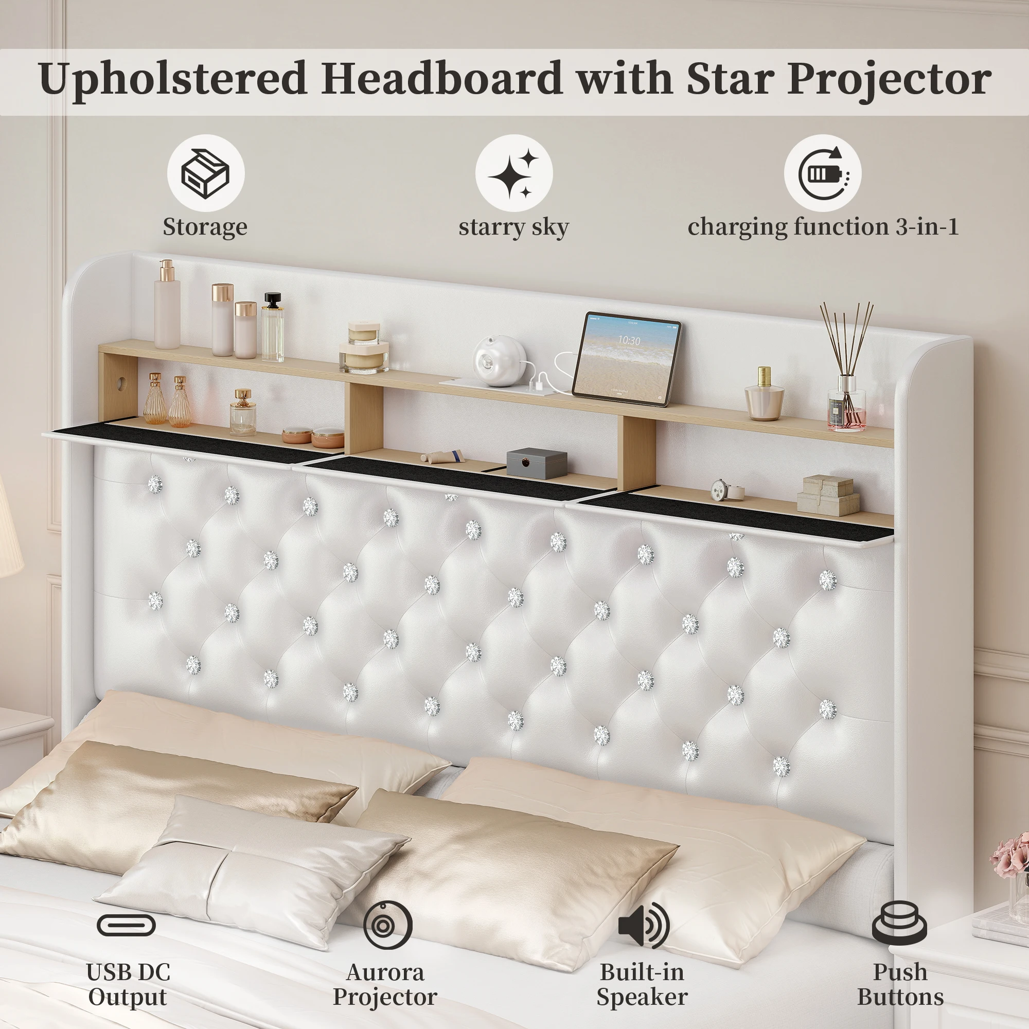 Sibeds 4ft6 Double Bed Frame with 2 Drawers, King-Size Bed Frame with Galaxy Aurora Star Projector and Charging Station and Wooden Slats, No Box Spring Required, Easy-to-Assemble Bedroom Furniture - Image 5