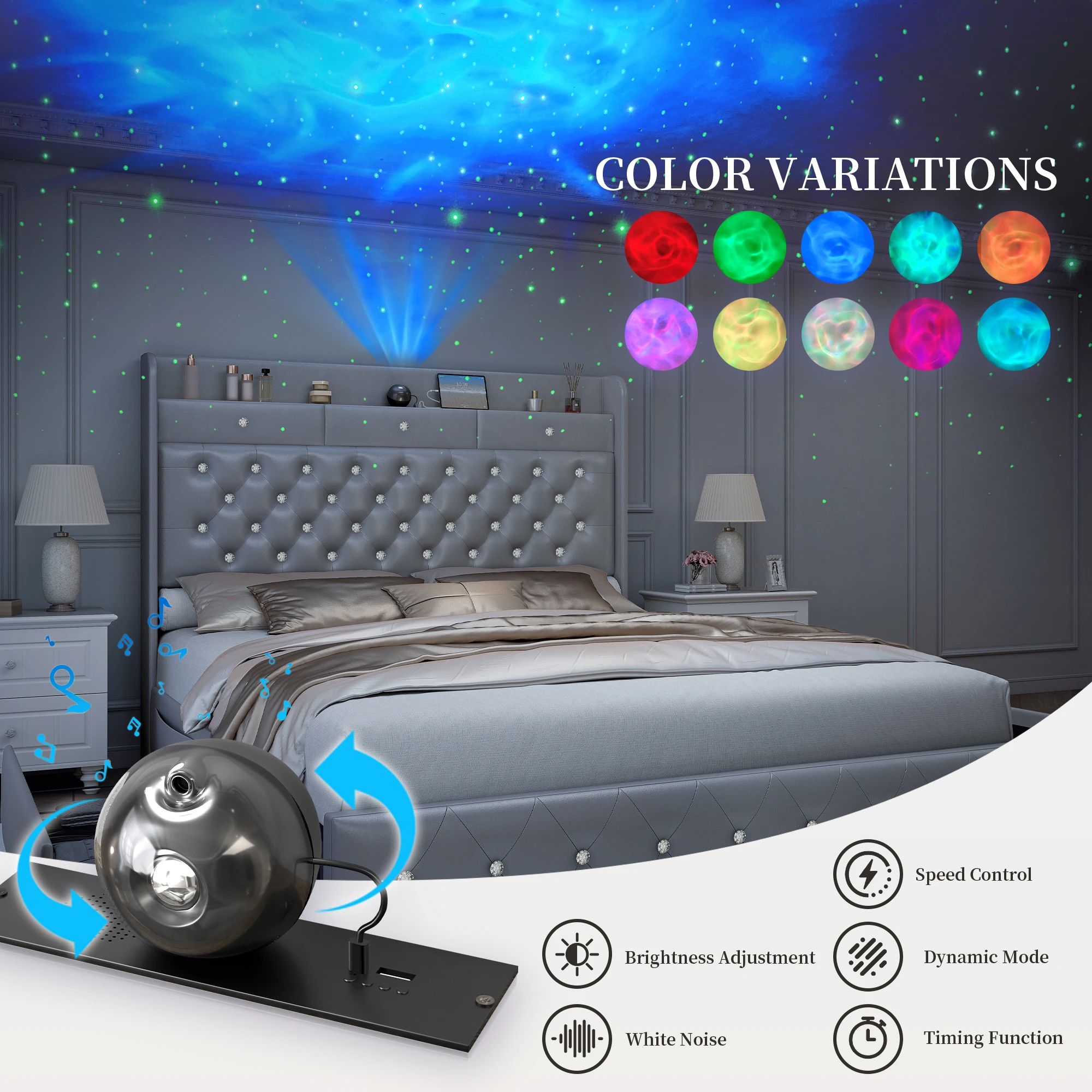 Sibeds 4ft6 Double Bed Frame with 2 Drawers, King-Size Bed Frame with Galaxy Aurora Star Projector and Charging Station and Wooden Slats, No Box Spring Required, Easy-to-Assemble Bedroom Furniture - Image 7
