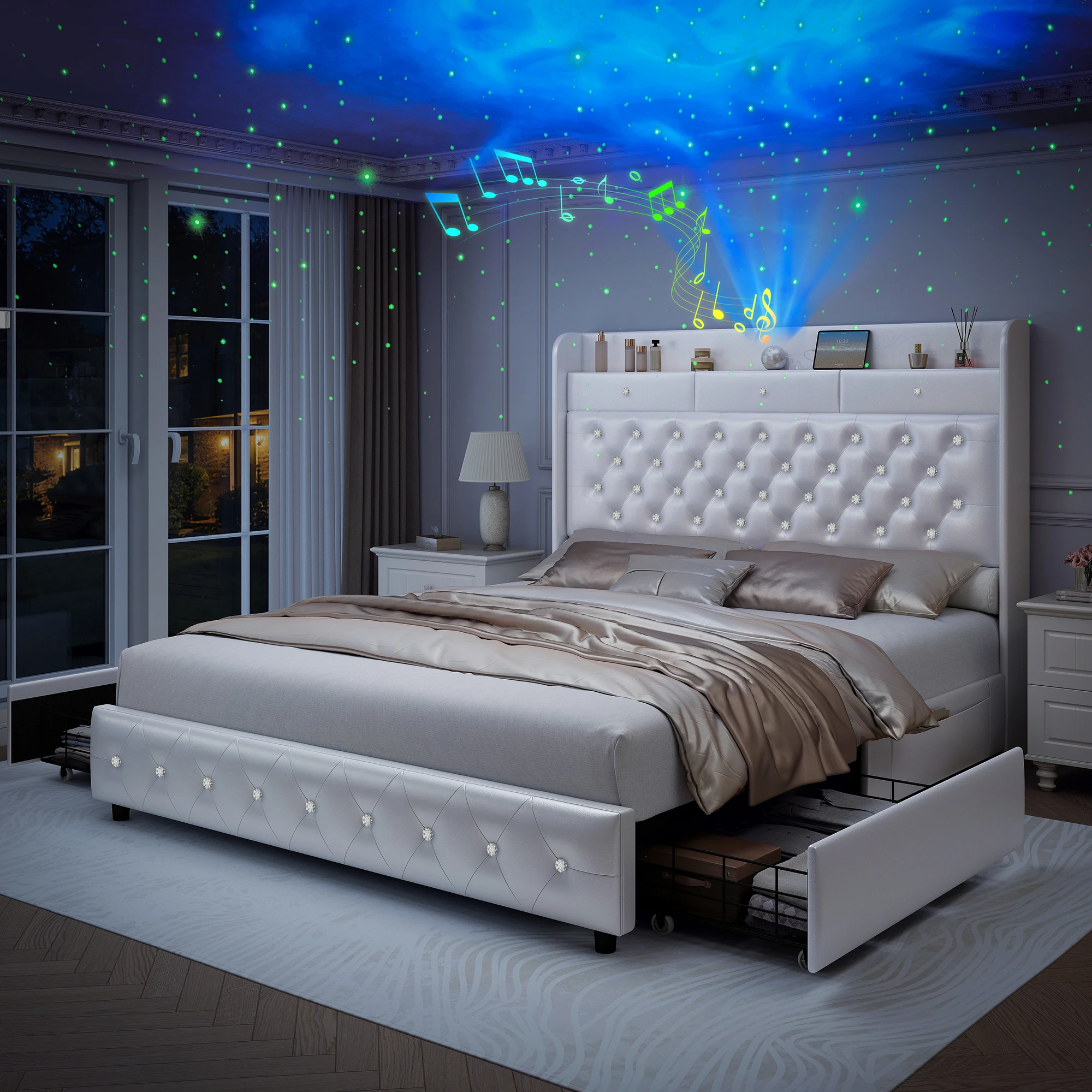 Sibeds 4ft6 Double Bed Frame with 2 Drawers, King-Size Bed Frame with Galaxy Aurora Star Projector and Charging Station and Wooden Slats, No Box Spring Required, Easy-to-Assemble Bedroom Furniture
