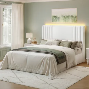 Sibeds 4ft6 Double Upholstered Bed Frame with Wingback Headboard, Velvet Platform Bed with LED Lights & High Footboard, Easy Assembly, No Box Spring Needed, Grey