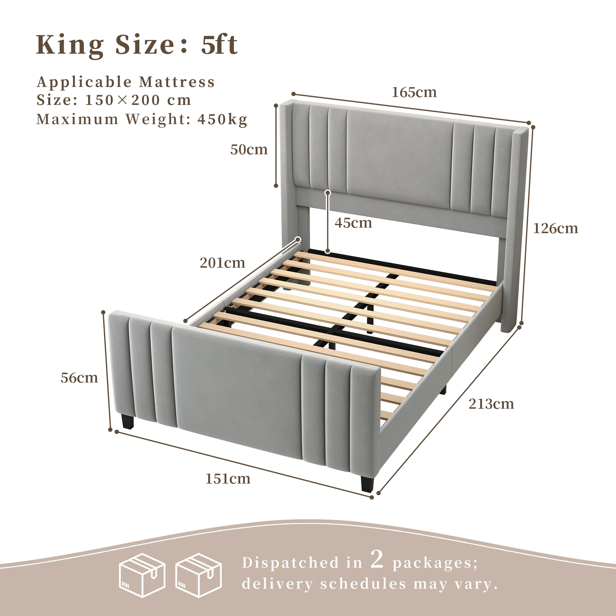 Sibeds 5ft King Size Upholstered Bed Frame, Velvet Platform Bed with Wingback Headboard, LED Light Strip, Under Bed Storage Base, Easy Assembly, Cream - Image 2
