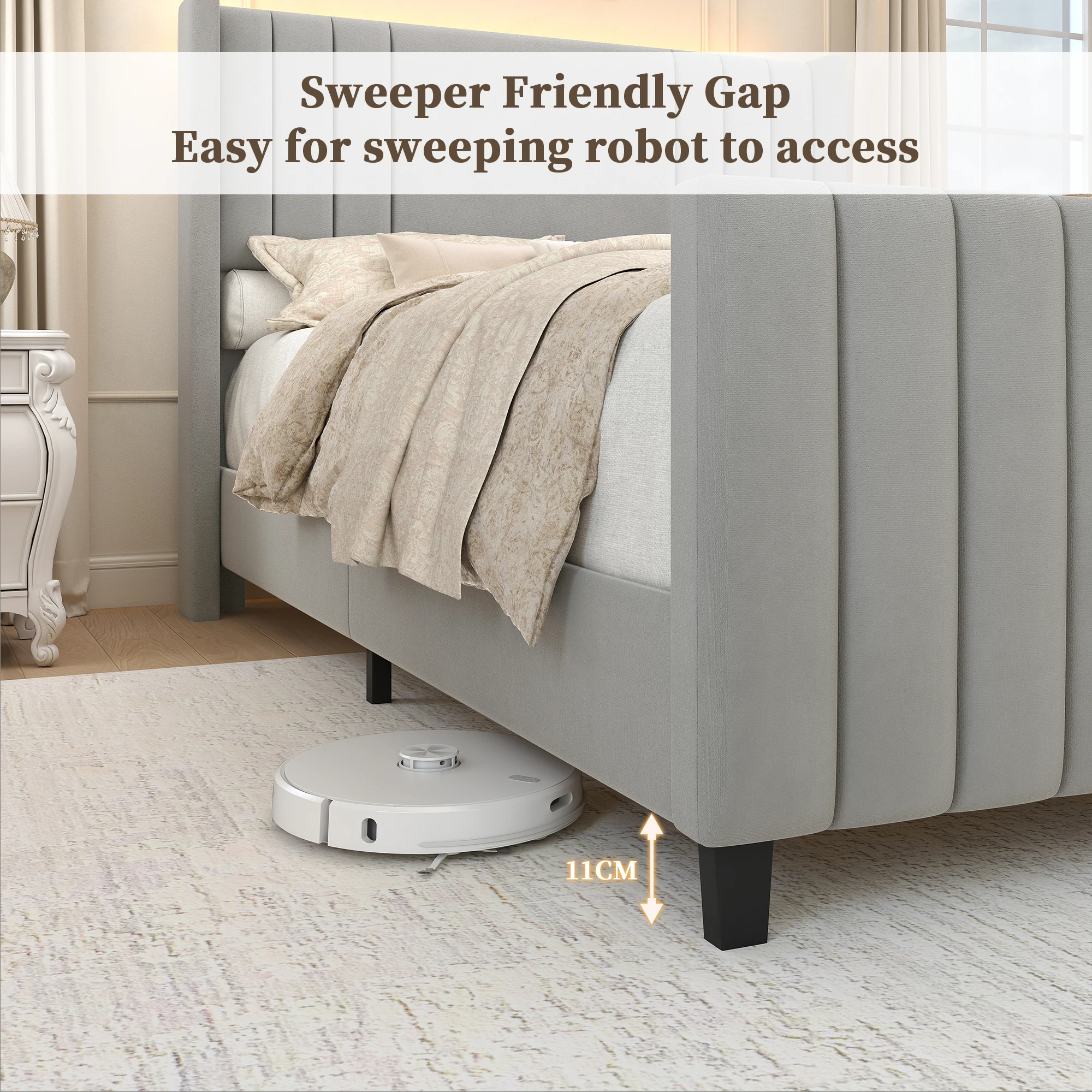 Sibeds 5ft King Size Upholstered Bed Frame, Velvet Platform Bed with Wingback Headboard, LED Light Strip, Under Bed Storage Base, Easy Assembly, Cream - Image 5
