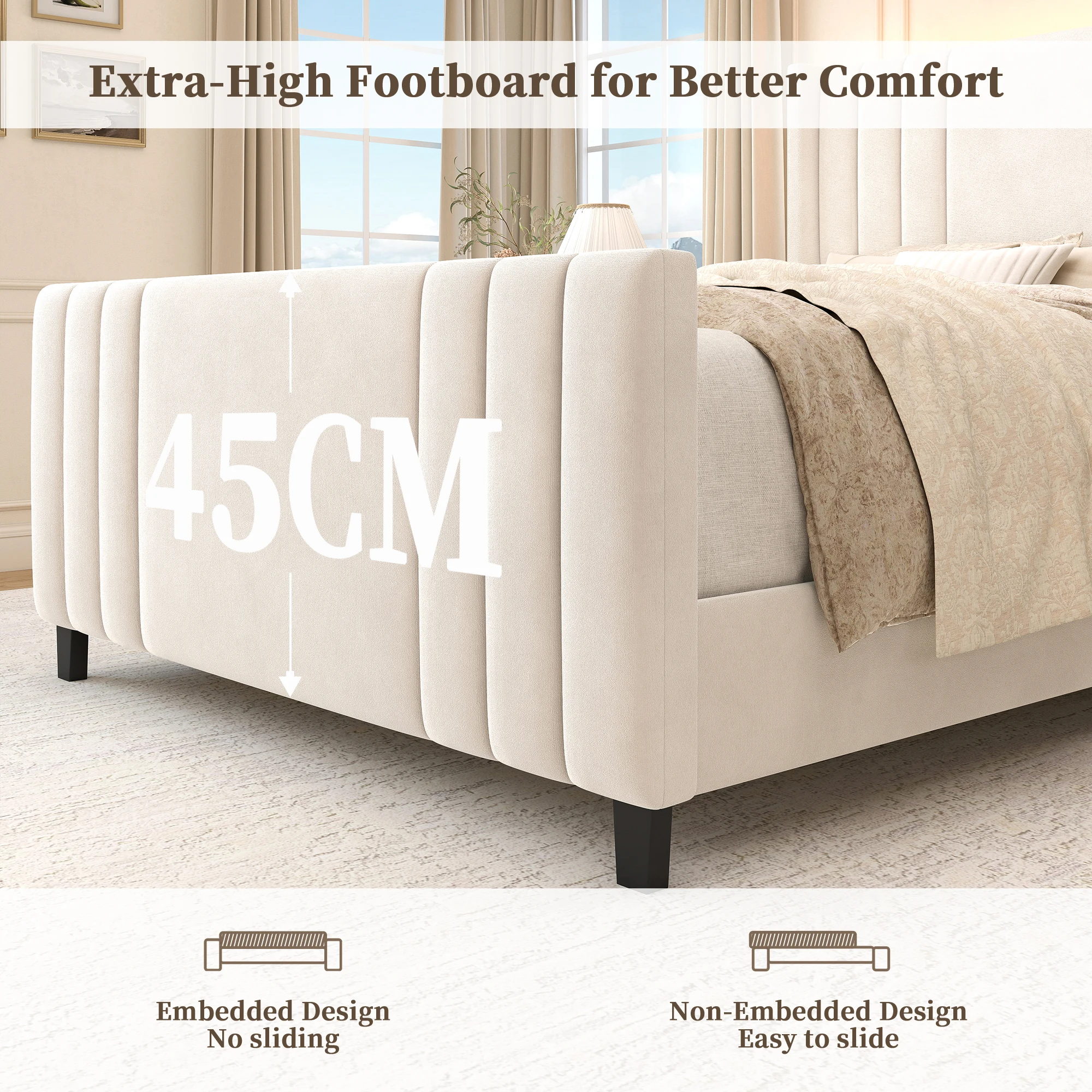 Sibeds 5ft King Size Upholstered Bed Frame, Velvet Platform Bed with Wingback Headboard, LED Light Strip, Under Bed Storage Base, Easy Assembly, Cream - Image 7