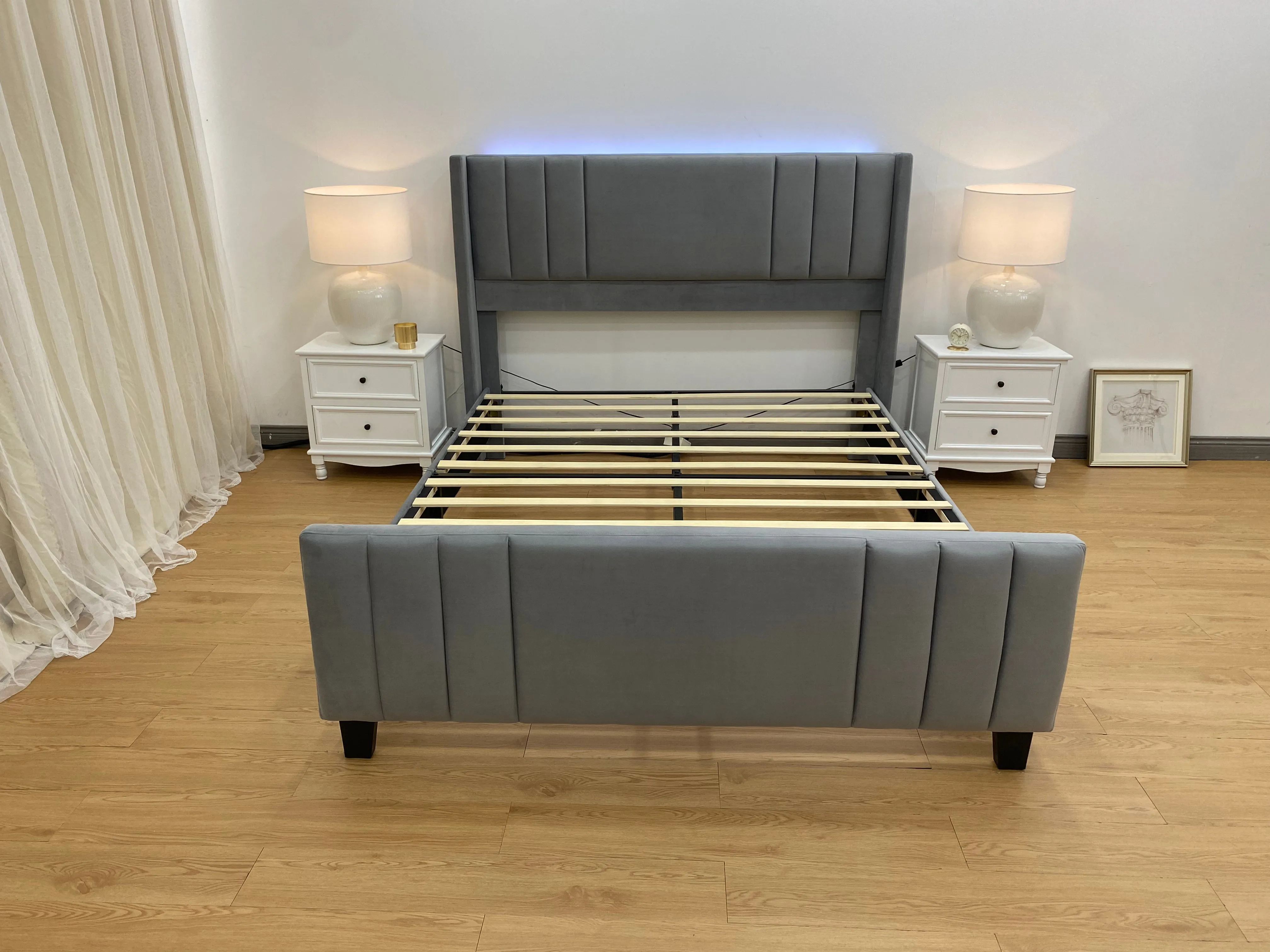 Sibeds 5ft King Size Upholstered Bed Frame, Velvet Platform Bed with Wingback Headboard, LED Light Strip, Under Bed Storage Base, Easy Assembly, Cream - Image 3