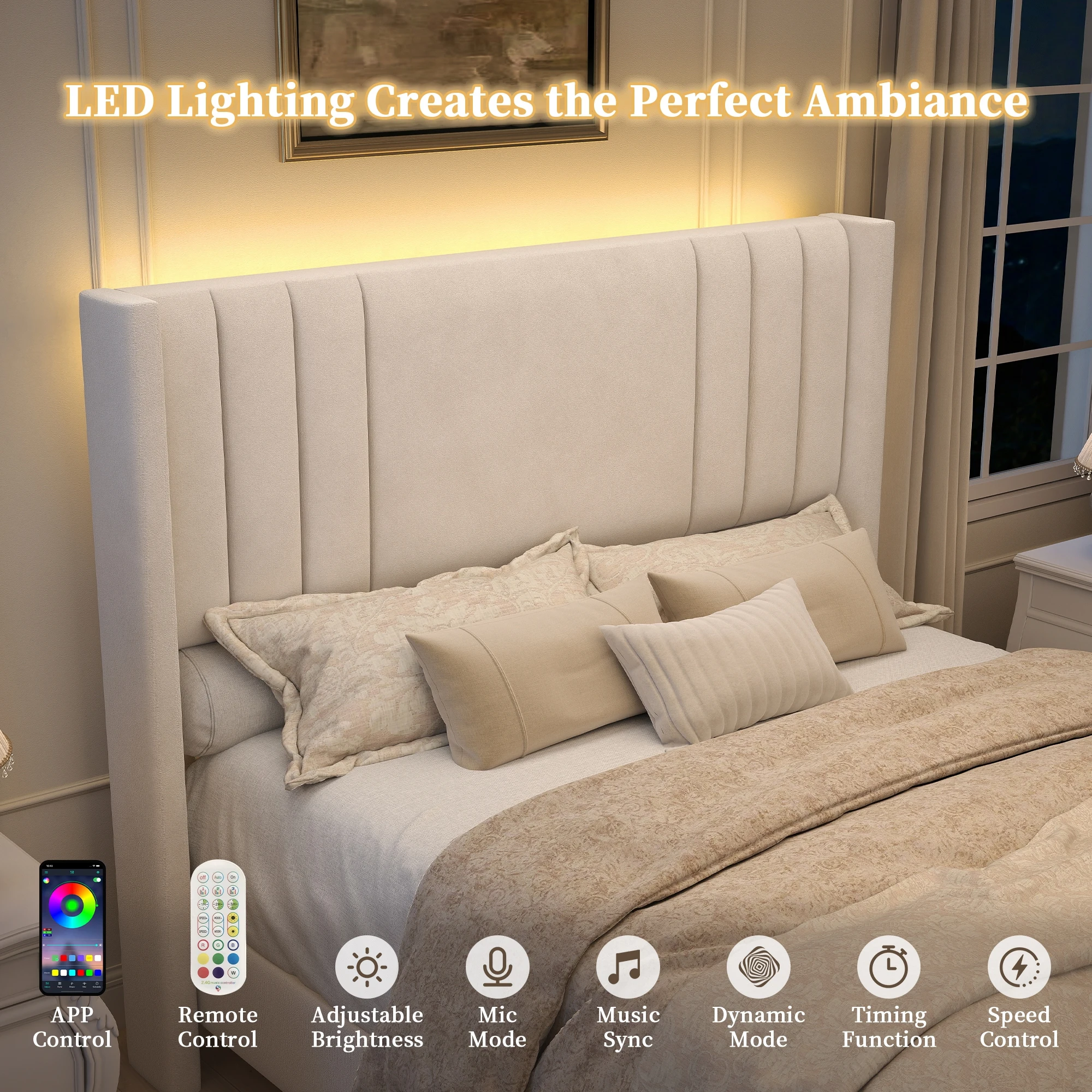 Sibeds 5ft King Size Upholstered Bed Frame, Velvet Platform Bed with Wingback Headboard, LED Light Strip, Under Bed Storage Base, Easy Assembly, Cream - Image 4
