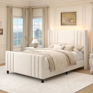 Sibeds 5ft King Size Upholstered Bed Frame, Velvet Platform Bed with Wingback Headboard, LED Light Strip, Under Bed Storage Base, Easy Assembly, Cream