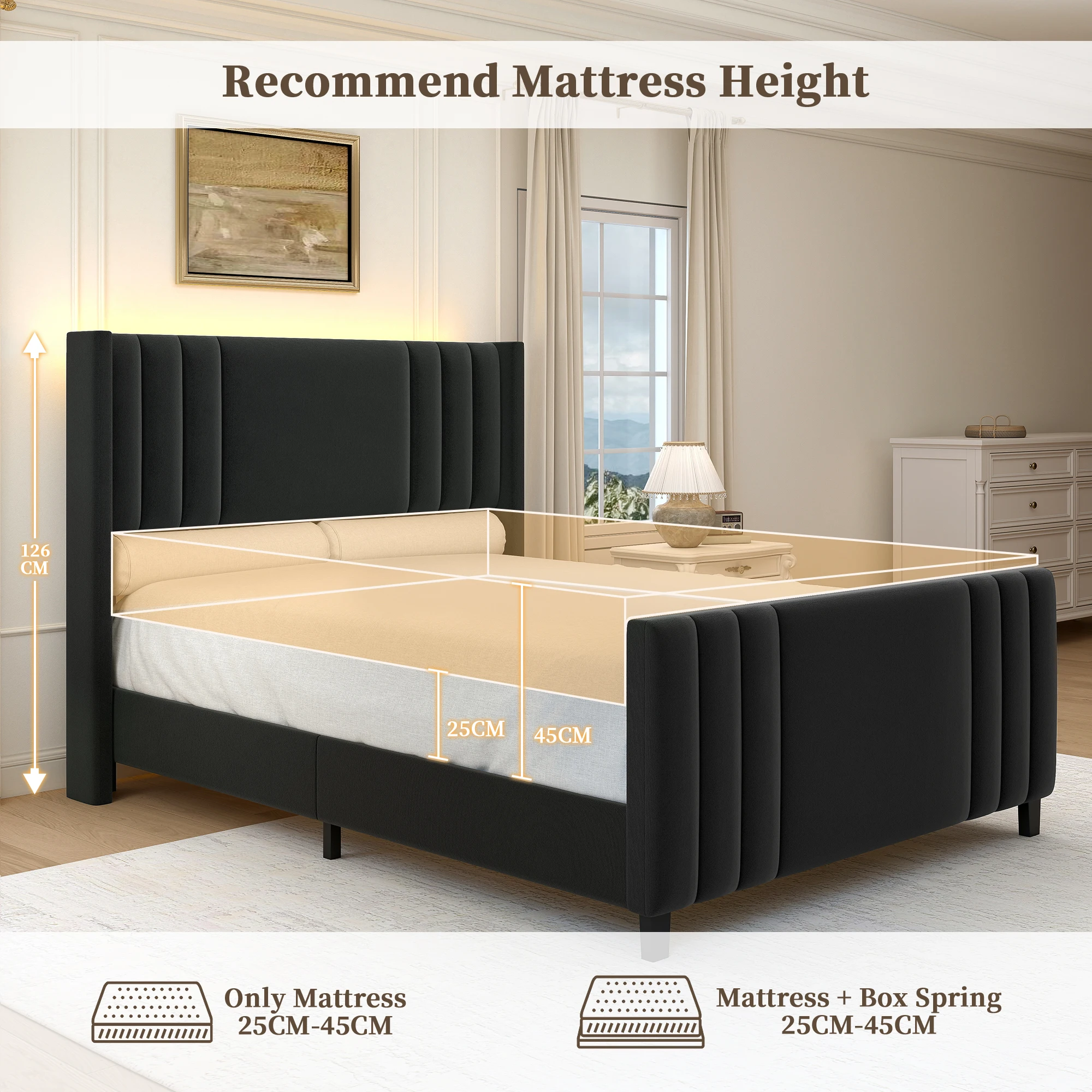 Sibeds 5ft King Size Upholstered Bed Frame, Velvet Platform Bed with Wingback Headboard, LED Light Strip, Under Bed Storage Base, Easy Assembly, Cream - Image 8