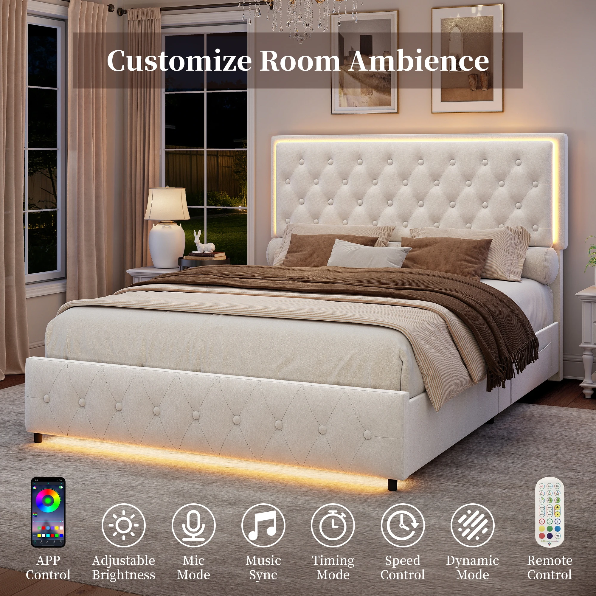 Sibeds Double King Size LED Bed Frame with 2 Storage Drawers, Velvet Upholstered Bed, Sturdy Steel Slats Support, Easy Assembly, No Mattress or Box Spring Needed - Image 2