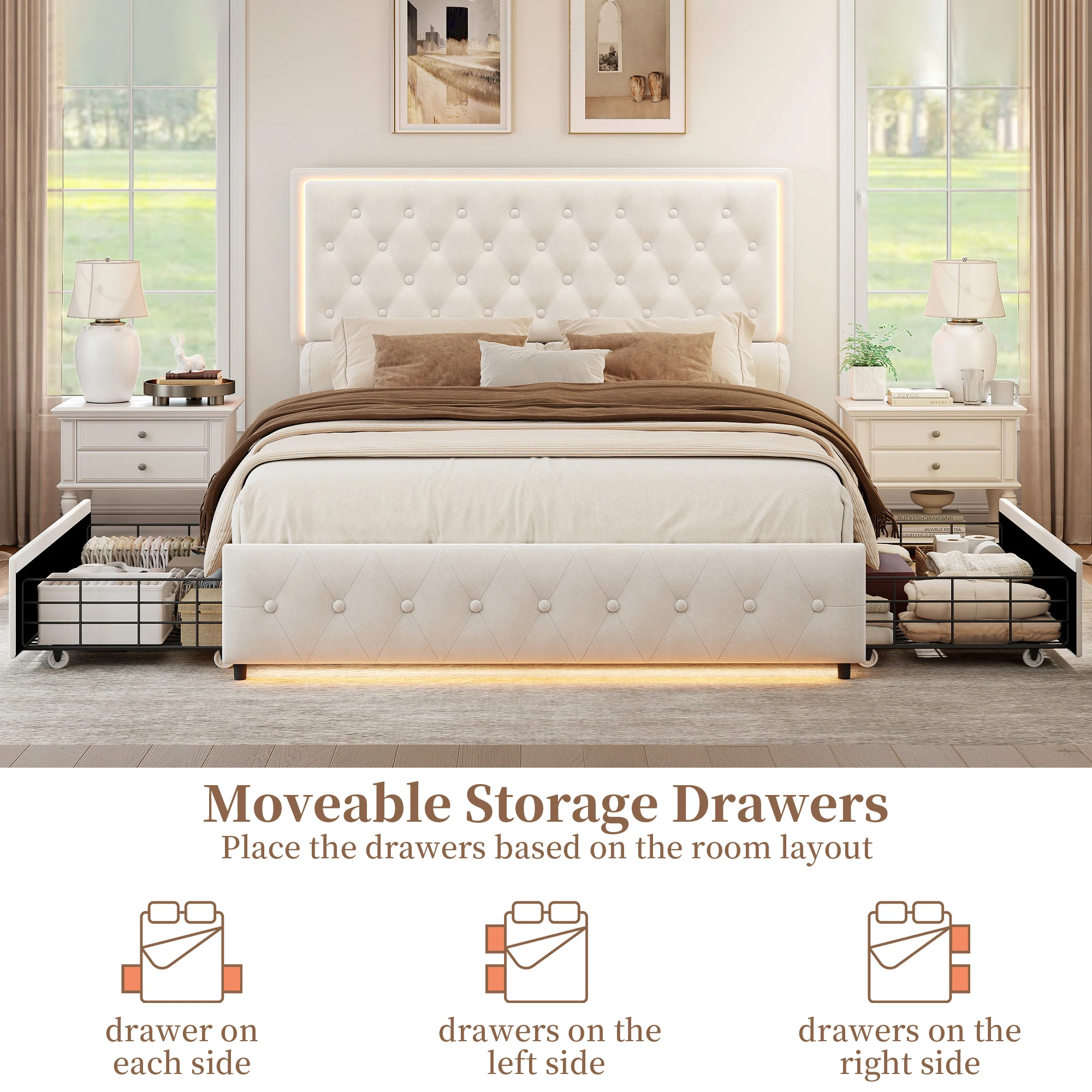 Sibeds Double King Size LED Bed Frame with 2 Storage Drawers, Velvet Upholstered Bed, Sturdy Steel Slats Support, Easy Assembly, No Mattress or Box Spring Needed - Image 6