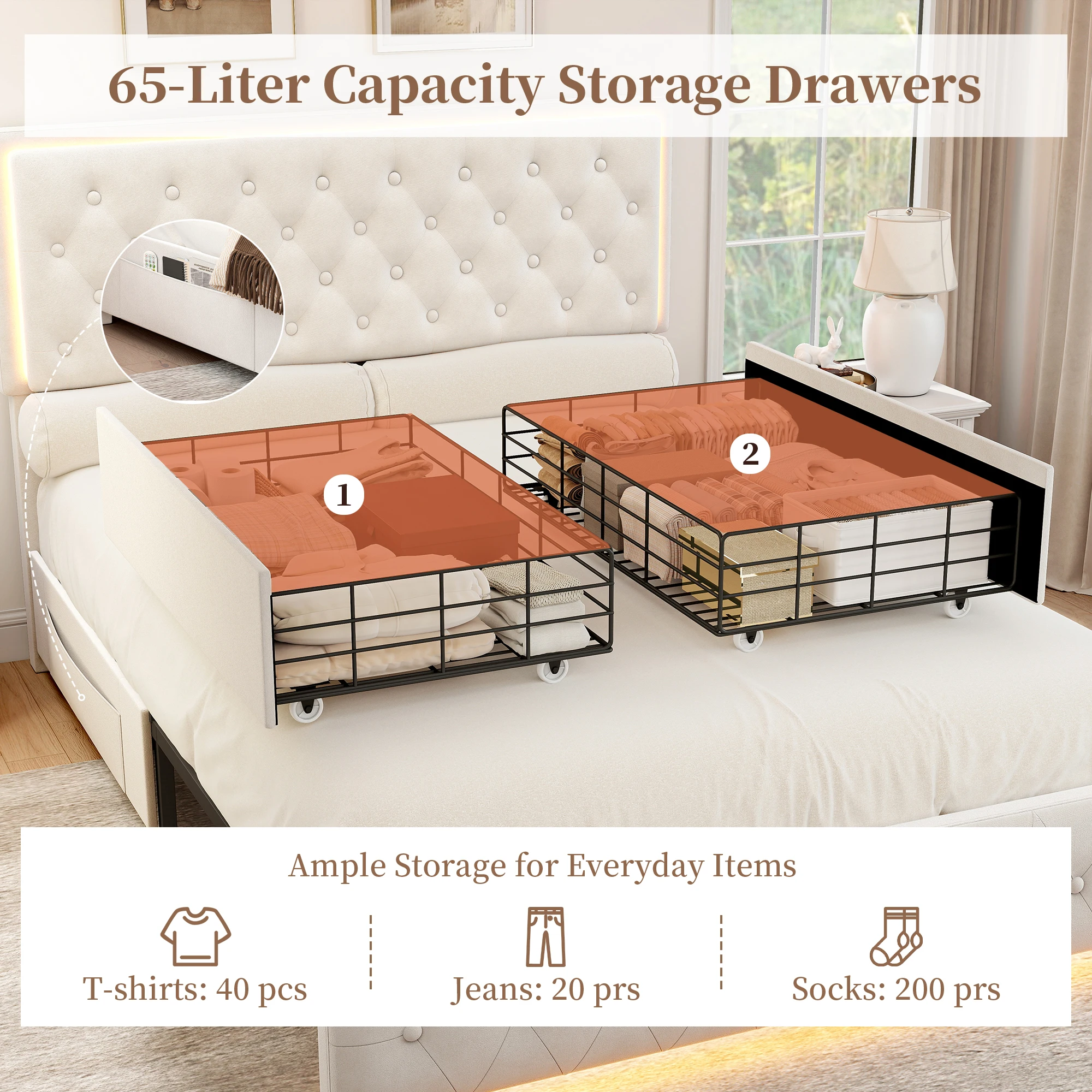 Sibeds Double King Size LED Bed Frame with 2 Storage Drawers, Velvet Upholstered Bed, Sturdy Steel Slats Support, Easy Assembly, No Mattress or Box Spring Needed - Image 5