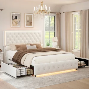 Sibeds Double King Size LED Bed Frame with 2 Storage Drawers, Velvet Upholstered Bed, Sturdy Steel Slats Support, Easy Assembly, No Mattress or Box Spring Needed